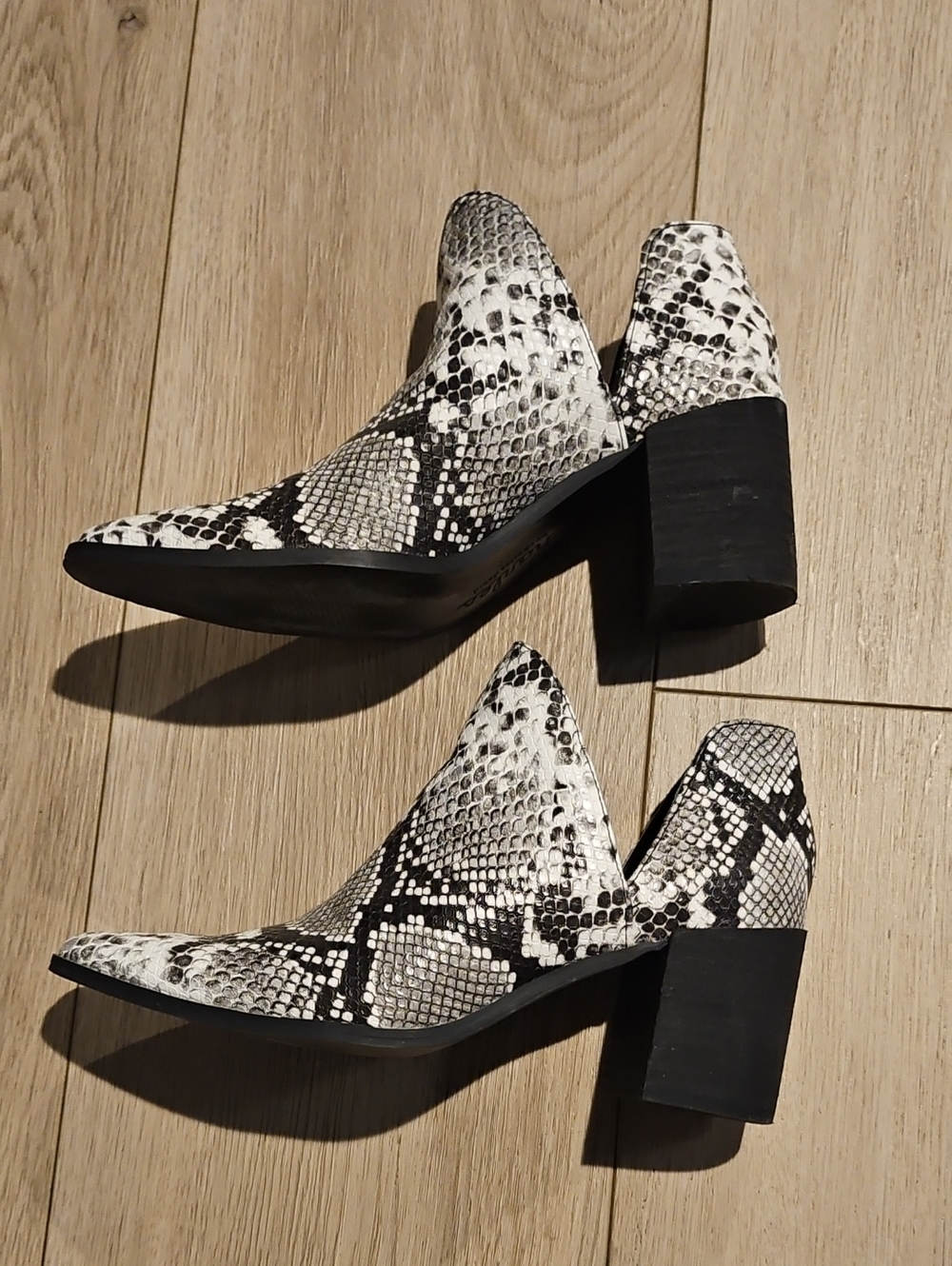 Women's Black & White Snake Print Block Heel Booties